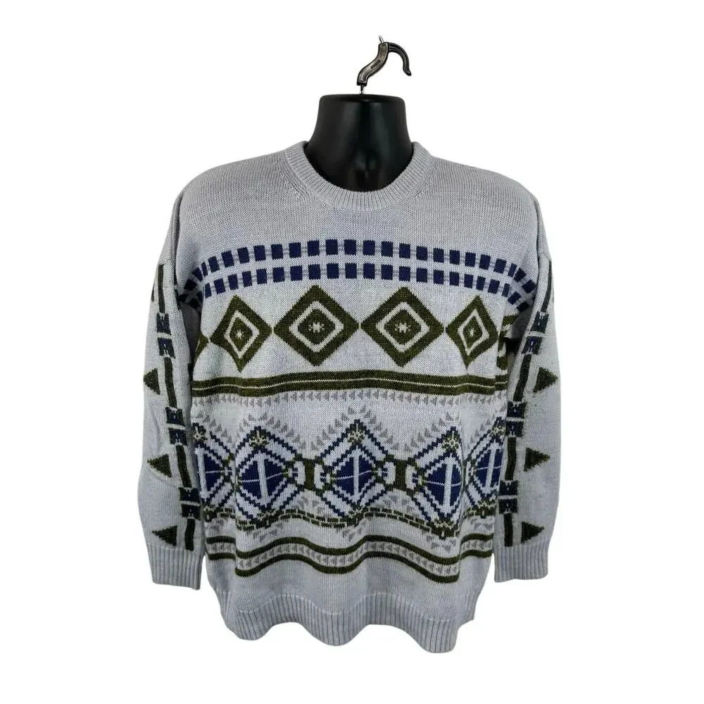 J Crew Abstract Fair Isle Knit Sweater Wool Mohair Blend Crewneck Size Large